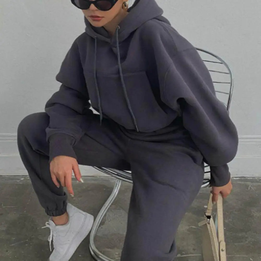 Trendy Spring Hoodie Pants Set Hat Women Winter Tracksuit Elastic Waist Big Pocket Spring Hoodie Pants Set Keep Warm - Aurex