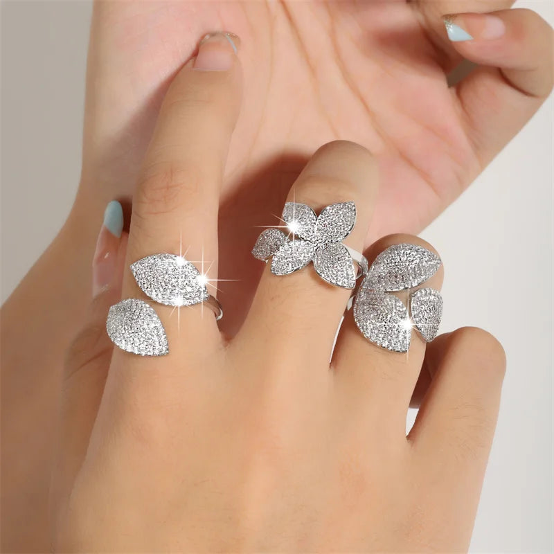 UILZ Trendy Micro Pave Cubic Zirconia Flower Shaped Open Rings for Women Personality Party Jewelry 2023 New