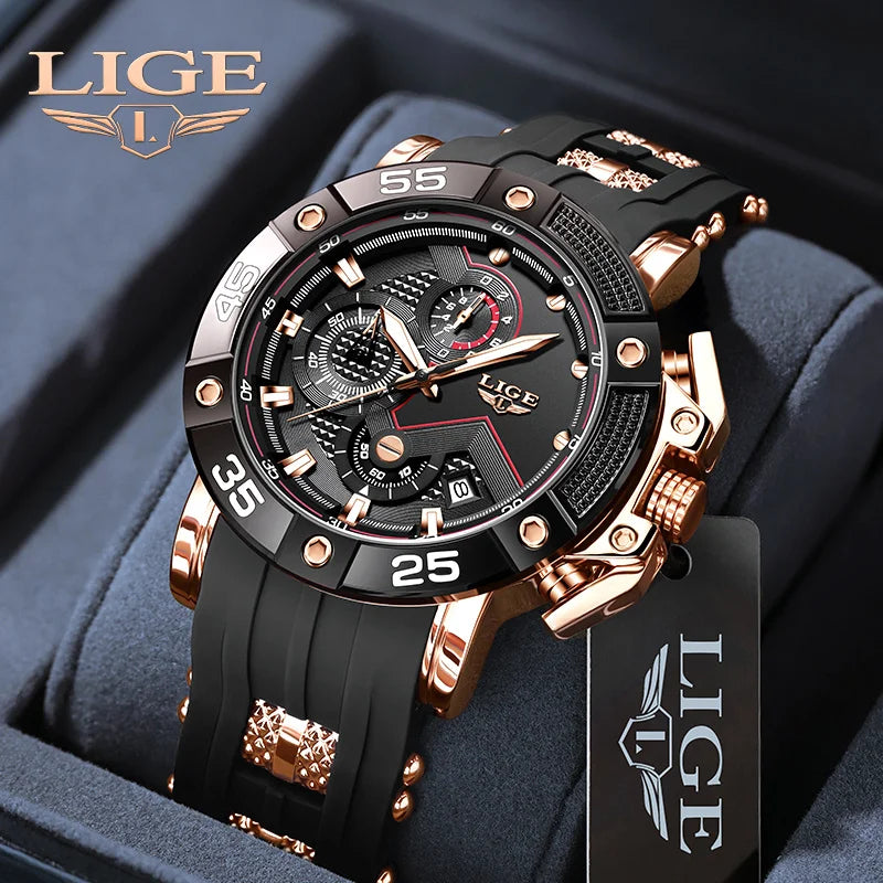 LIGE Man Watch Fashion Military Sport Date Quartz Watches Top Brand Luxury Silicone Strap Waterproof Chronograph Watches For Men