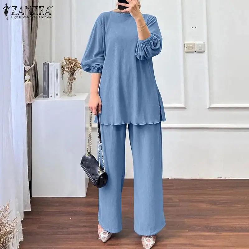 Elegant Muslim Sets ZANZEA Summer Tracksuits Women Long Sleeve Blouse Trousers Suits IsIamic Outfits Fashion Loose Matching Sets - Aurex