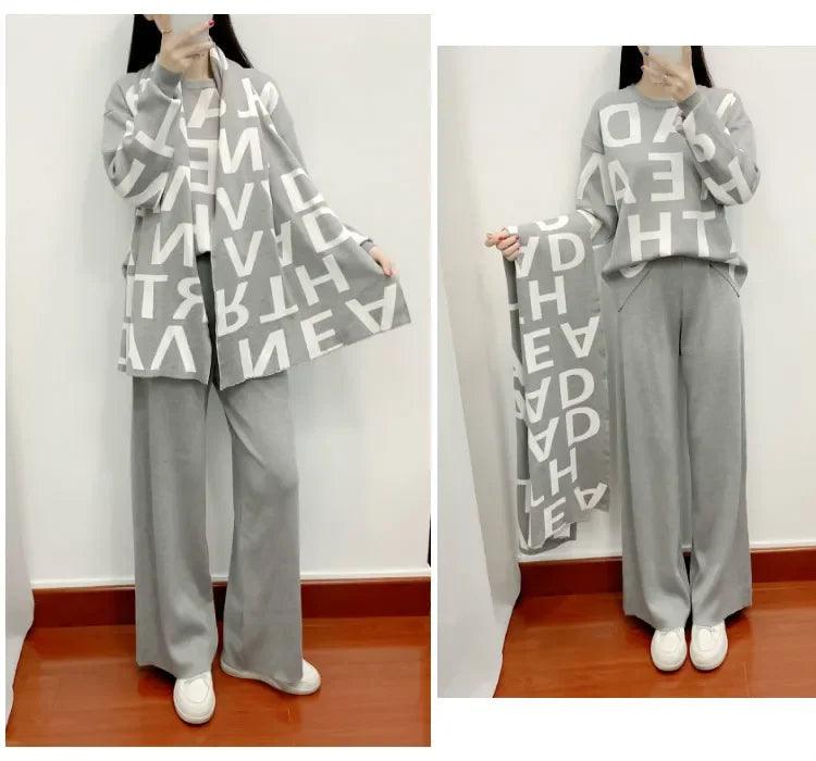 Women Knitting Three Piece Set Letter Print Pullover Sweater Scarf Wide Leg Pants Suit Morocco Ensemble Muslim Knit Tracksuit - Aurex