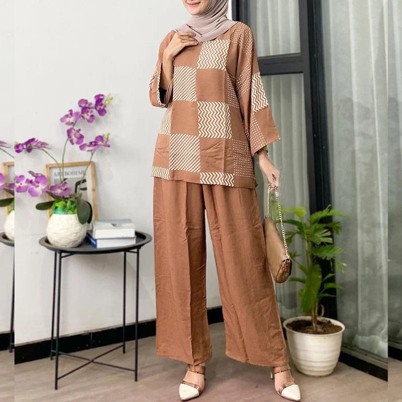 2pcs Women Muslim Matching Sets Long Sleeve Printed Blouse Wide Leg Trousers Suit ZANZEA Summer Pant Sets Dubai Hijab Tracksuits - Aurex