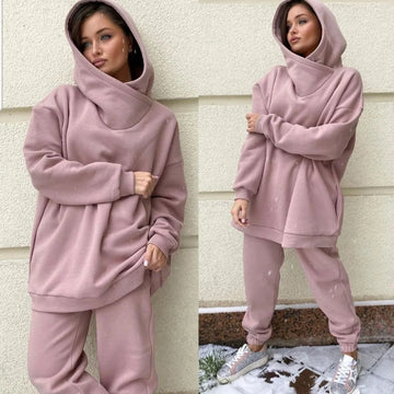 Winter Women's Tracksuit Two Piece Sets Solid Long Sleeve Hooded Running Sports Suit Warm Hoodie Sweatshirts Long Pant - Aurex