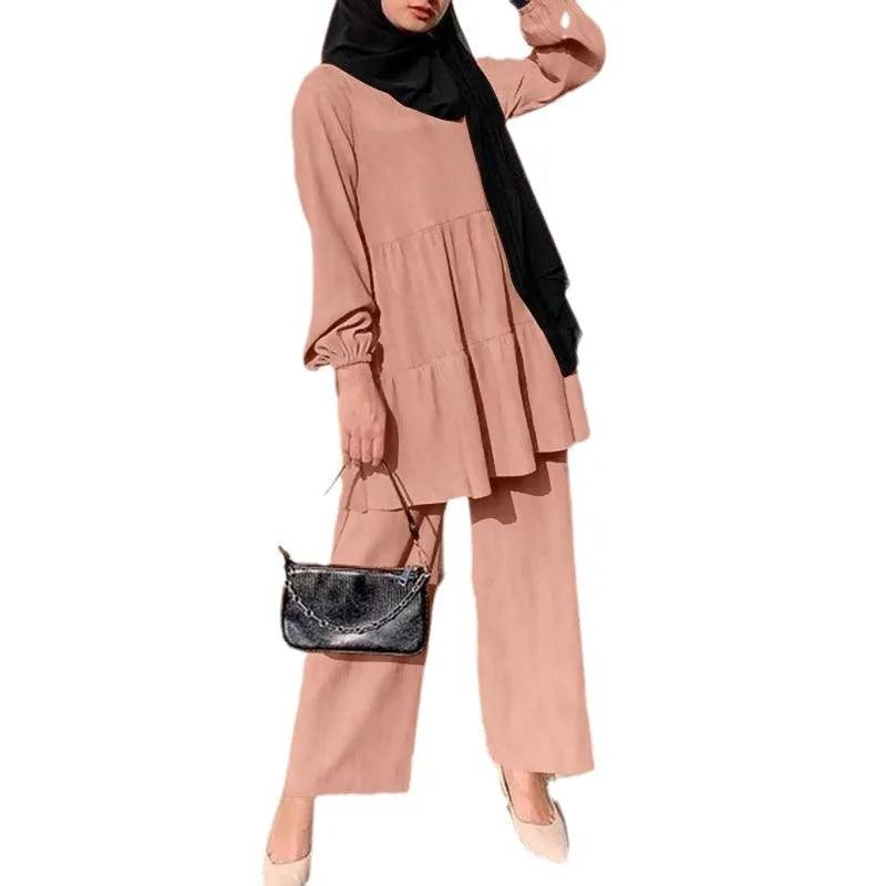 Ensembles Muslim Two Piece Set Women Blouse Wide Leg Pants Suit Ramadan Eid Morocco Dubai Islam Arabic Modest Saudi Outfits - Aurex