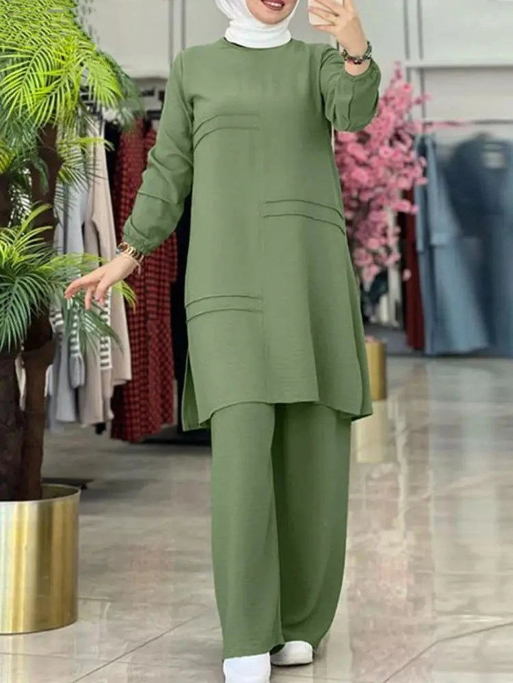 Black Green Yellow Big Size Arabic Islam Clothes Women 2 Piece Sets Outfits Blouse And Pants Casual Modest Clothing Long Shirts - Aurex