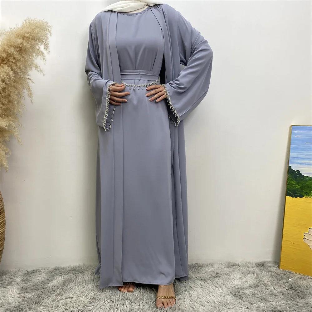 New fashion Muslim women sleeveless dress plus Muslim cardigan two-piece Arab Turkey Dubai dress elegant temperament clothing - Aurex