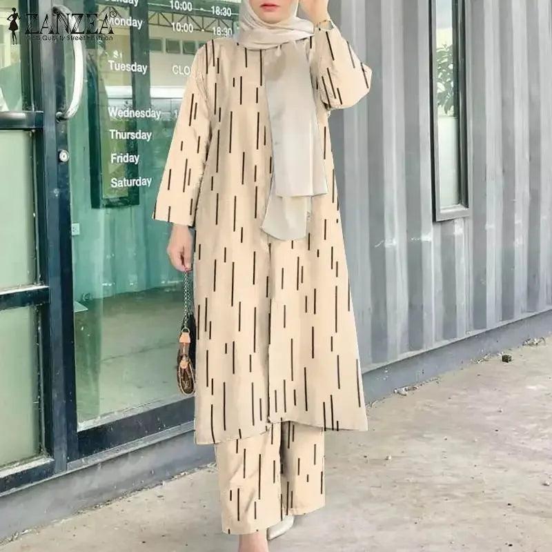 Vintage Printed Trouser Suits  Fashion Women Muslim Sets Two Piece Sets Summer Outifits Dubai Turkey Abaya Hijab Tracksuit - Aurex