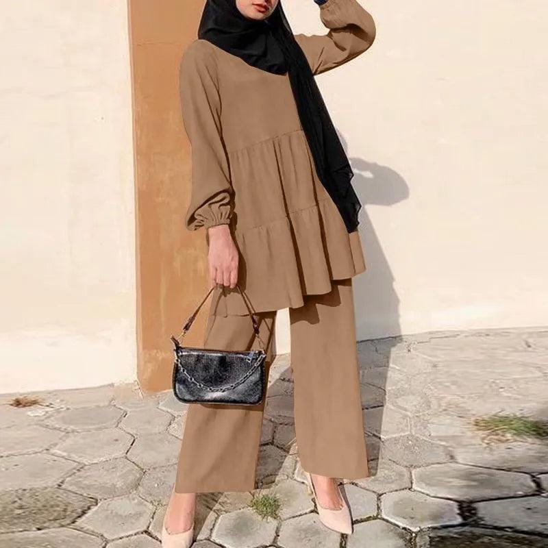 Ensembles Muslim Two Piece Set Women Blouse Wide Leg Pants Suit Ramadan Eid Morocco Dubai Islam Arabic Modest Saudi Outfits - Aurex