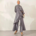 Muslim Two Piece Women Modest Set Top Lace Up Wide Leg Pants Suit Ramadan Morocco Dubai Islam Casual Ensemble Arabic Outfits - Aurex