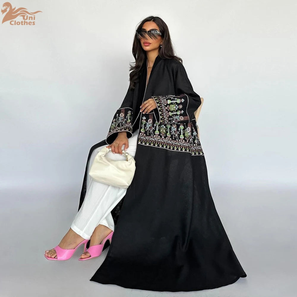 2025 Flower Embroidery Sleeve Dubai Kimono Abaya Dress Luxury Ramadan Saudi Arabia Women Modest Cardigan Islam Turkey Plain Robe