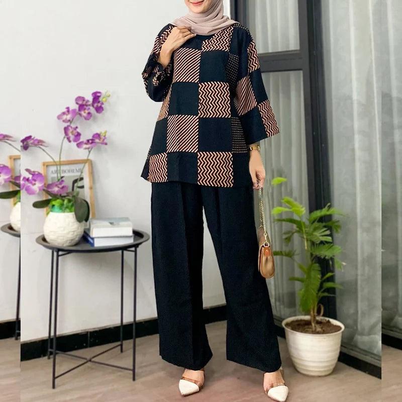 2pcs Women Muslim Matching Sets Long Sleeve Printed Blouse Wide Leg Trousers Suit ZANZEA Summer Pant Sets Dubai Hijab Tracksuits - Aurex