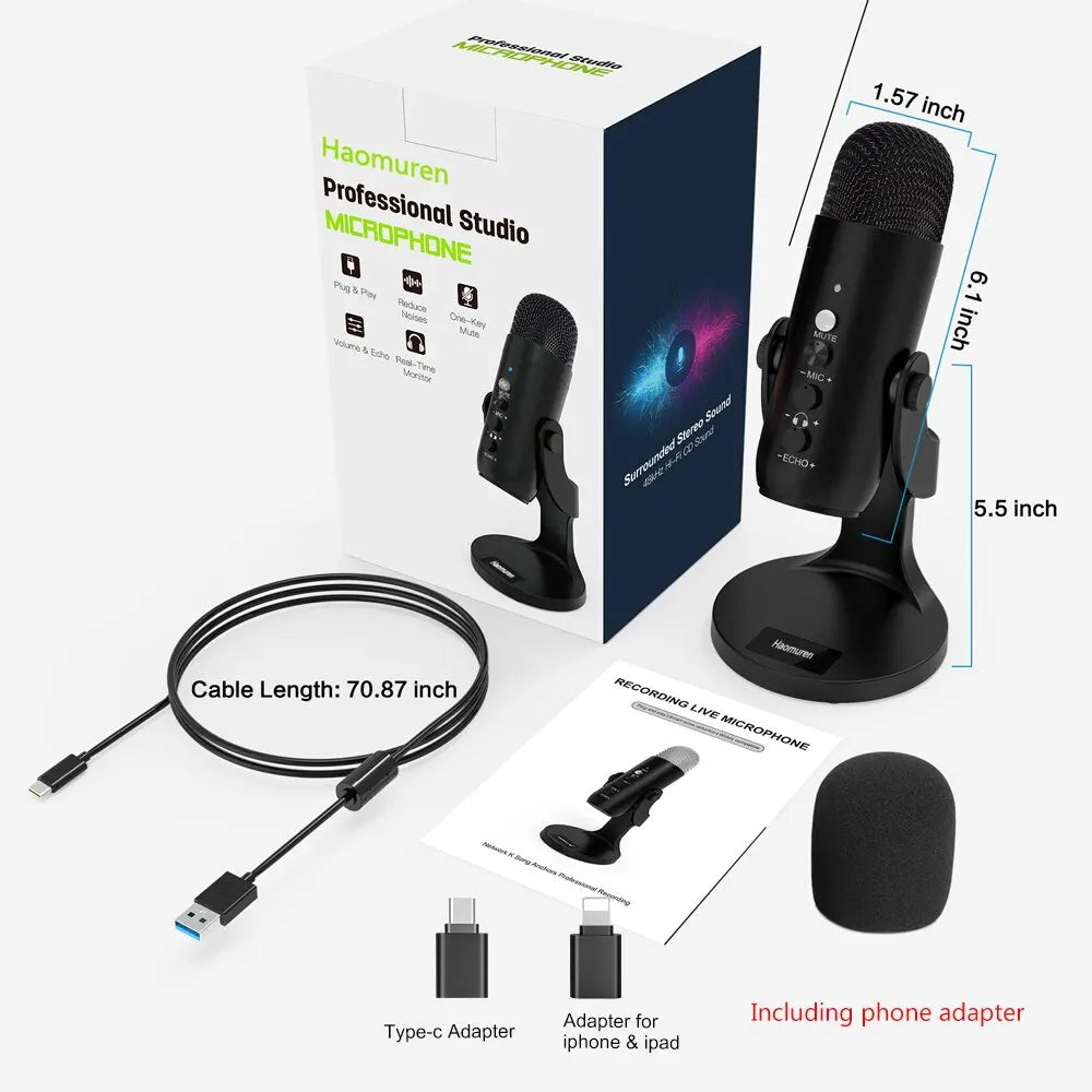 Haomuren USB Microphone for PC Mac Gaming Recording Stream Podcast, Computer Condenser Mic with Phone Adapter Headphone Output - Aurex