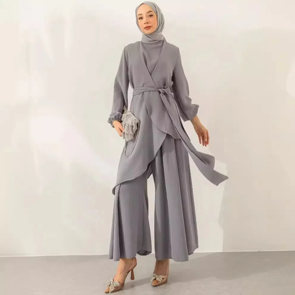 Muslim Two Piece Women Modest Set Top Lace Up Wide Leg Pants Suit Ramadan Morocco Dubai Islam Casual Ensemble Arabic Outfits - Aurex