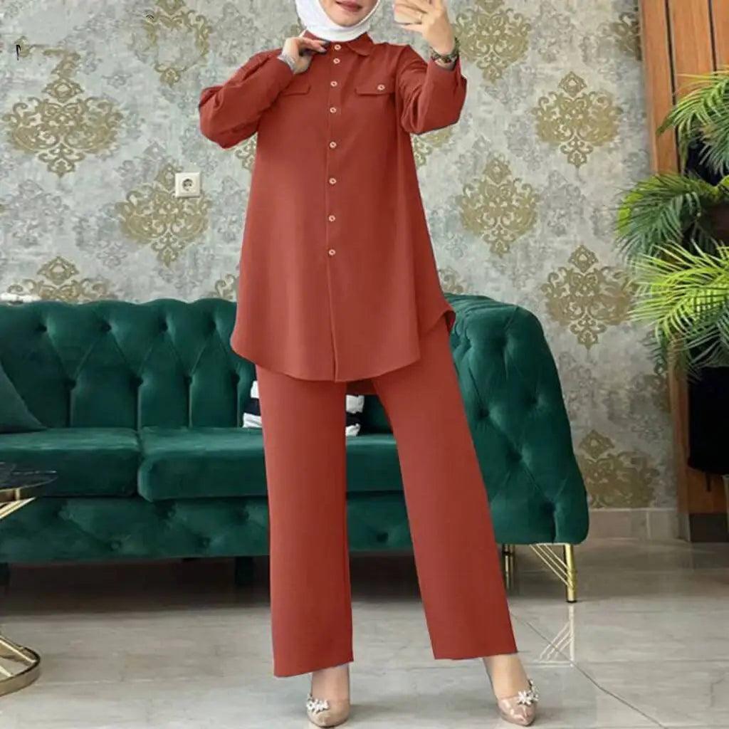 Elegant Full Sleeve Shirts and Wide Leg Pants Set for Women, Urban Tracksuits, Elegant Pant Sets, Turkish Blouse, Arab Fashion - Aurex