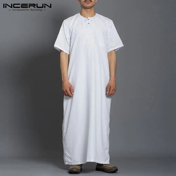 INCERUN 2024 Men Muslim Jubba Thobe Islamic Kaftan Solid Color Fashion Short Sleeve Caftan Middle East Dubai Mens Robes S-5XL