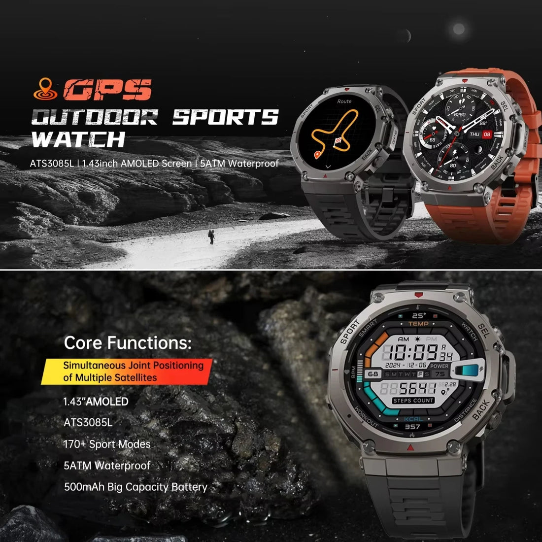 2025 New Professional GPS Outdoor Sports Watch 1.43" AMOLED Screen 5ATM Swim Compass Altimeter BT Call Health monitor Smartwatch