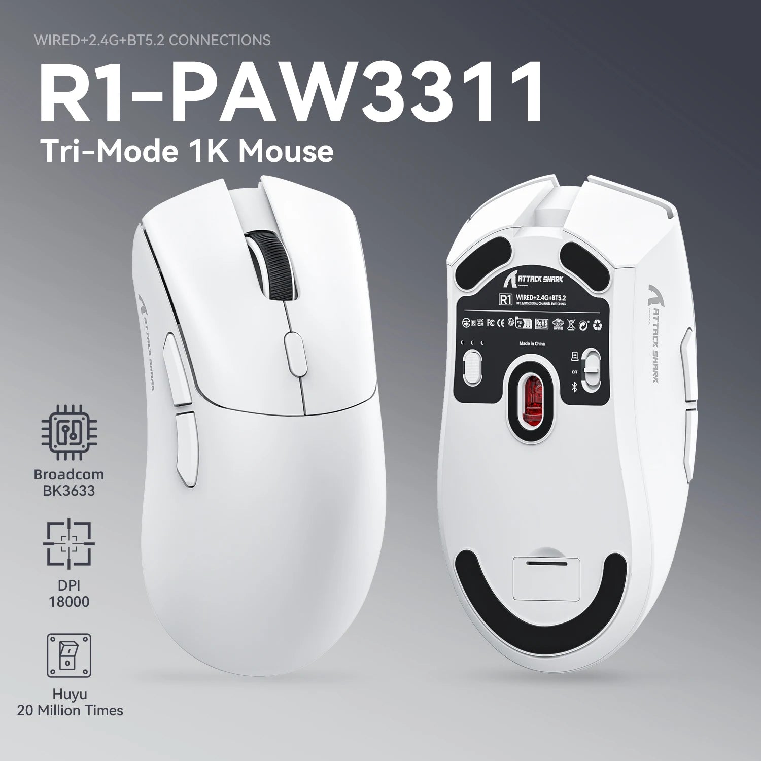 Attack Shark R1 1000Hz Bluetooth Mouse,18000dpi,PAW3311,Tri-mode Connection, Macro Gaming Mouse