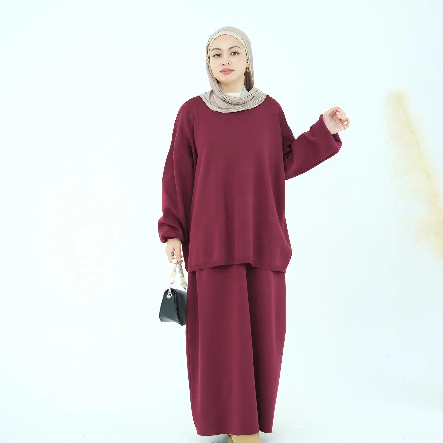 Autumn Winter Thickened Knitted Sweater Skirt Set Ramadan Modest Suits Muslim Women Solid Color 2-piece Set Warm Islam Clothing - Aurex