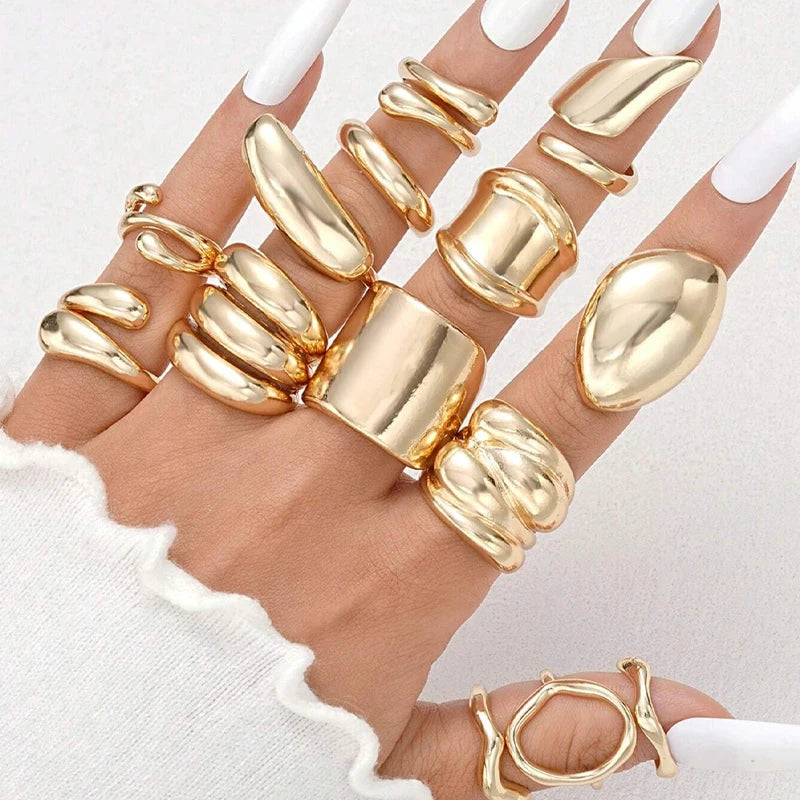 14pcs Exaggerated Smooth Rings Set For Women Fashion Simple Gold Color Geometric Asymmetrical Wide Face Ring Casual Jewelry Gift