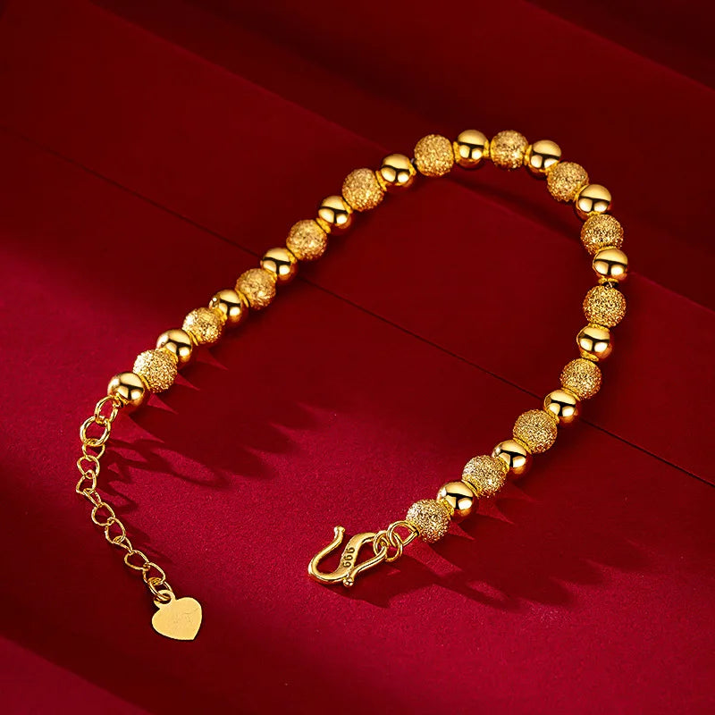 AU999 Gold Glossy Frosted Round Beads Womens Bracelet 24K Real Gold Bracelet 6mm Beaded Wrist Chain