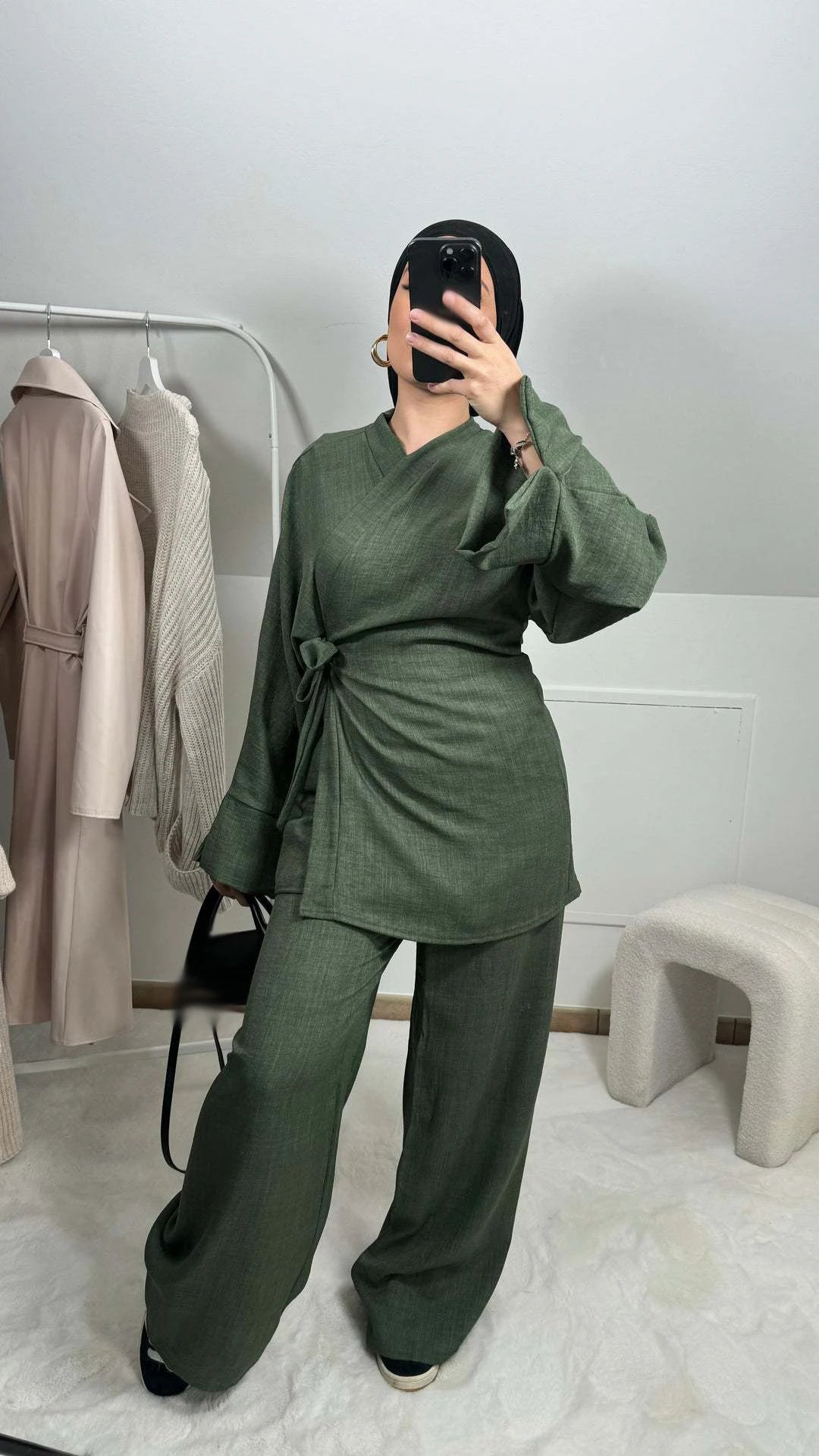 Matching Set Cotton Linen Lace Up Shirts Trouser Muslim Women Top Long Pants Suit Modest Female Soft 2 Pieces Islamic Outfits - Aurex