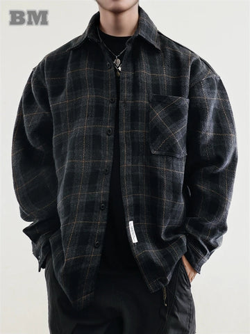 Autumn Winter Vintage Thick Plaid Shirts For Men American Streetwear Loose Tops Harajuku Casual Cargo Long Sleeve Mens Clothing