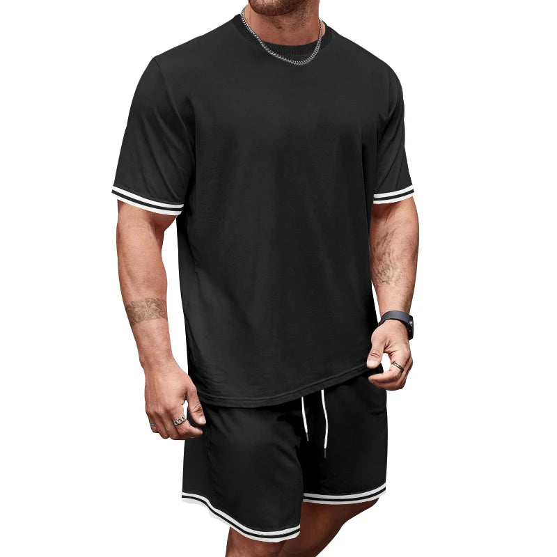 Men's Casual Round Neck Short-Sleeved T-Shirt and Shorts Suit, Pure Color Knitted Polyester Fiber with Elastic Fiber, Lightweight Pullover, Suitable for Casual Wear in Weekend, Spring/Autum, Short-Sleeved Shirt - Aurex