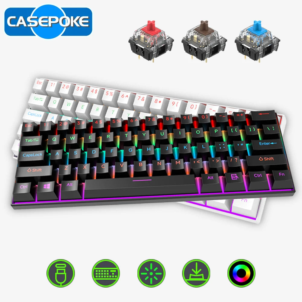 CASEPOKE Mechanical Keyboard 61 Keys Blue Switch Red Switch Brown Switch Hot Swap Keyboard Office Accessories Gaming Keyboard