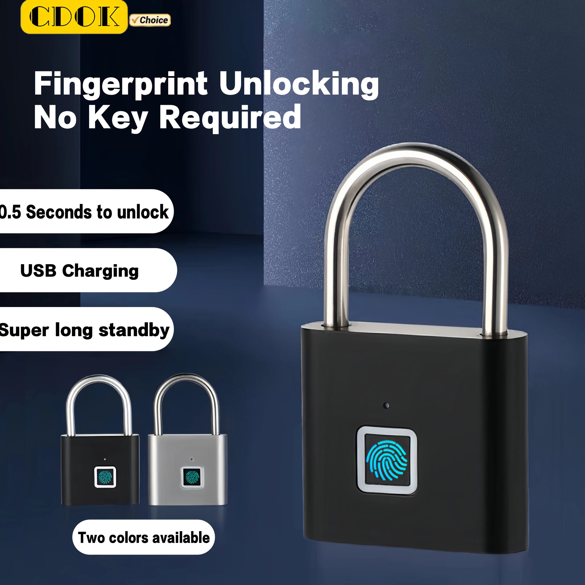 CDOK P2 Smart Fingerprint Padlock Waterproof Zinc Alloy Biometric Padlocks With Buit-in Rechargeable Battery USB Charge