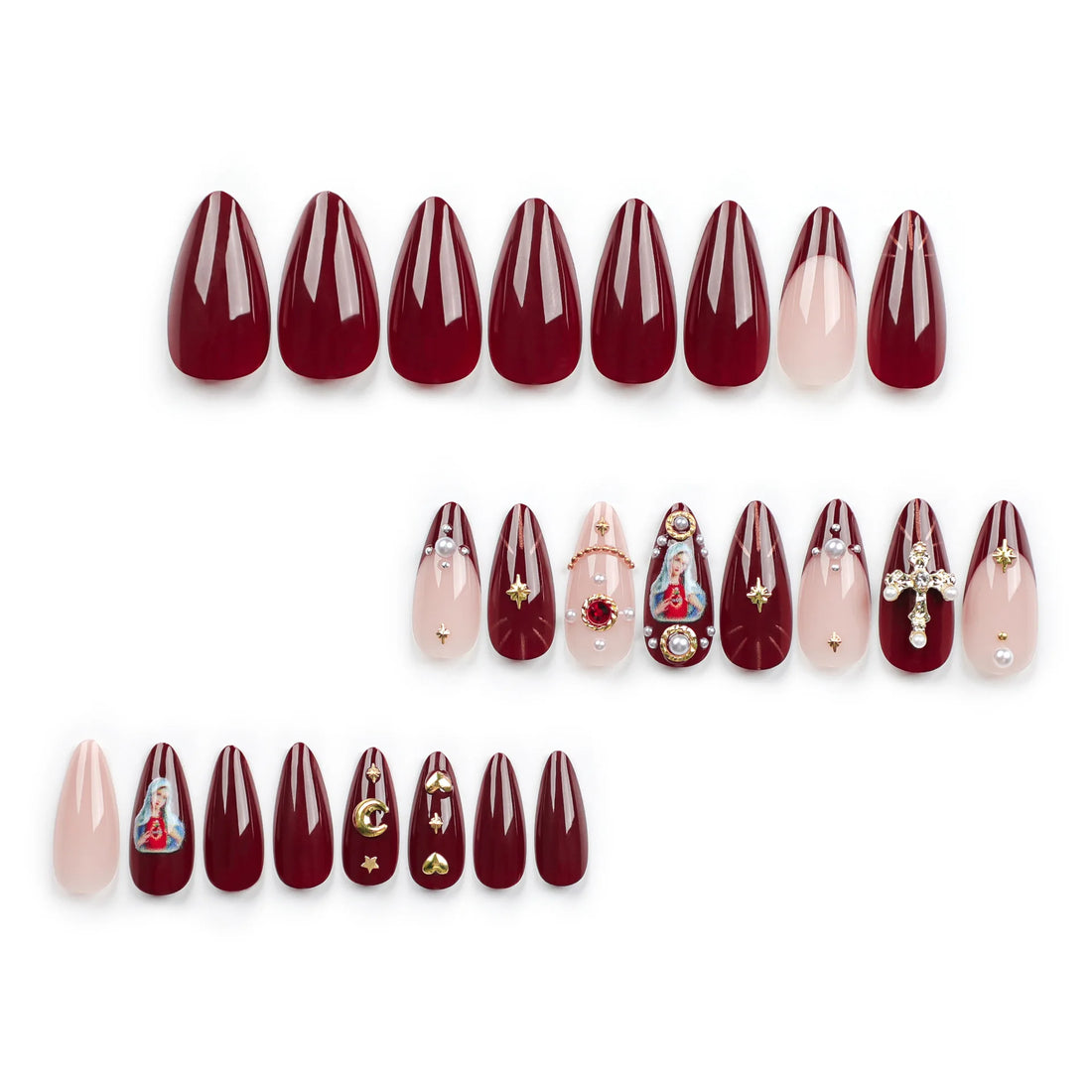 2025 New Ramadan Style False Nails with Gold Moon Star Design Almond Red French Fake Nail Patch Full Cover Detachable Manicure