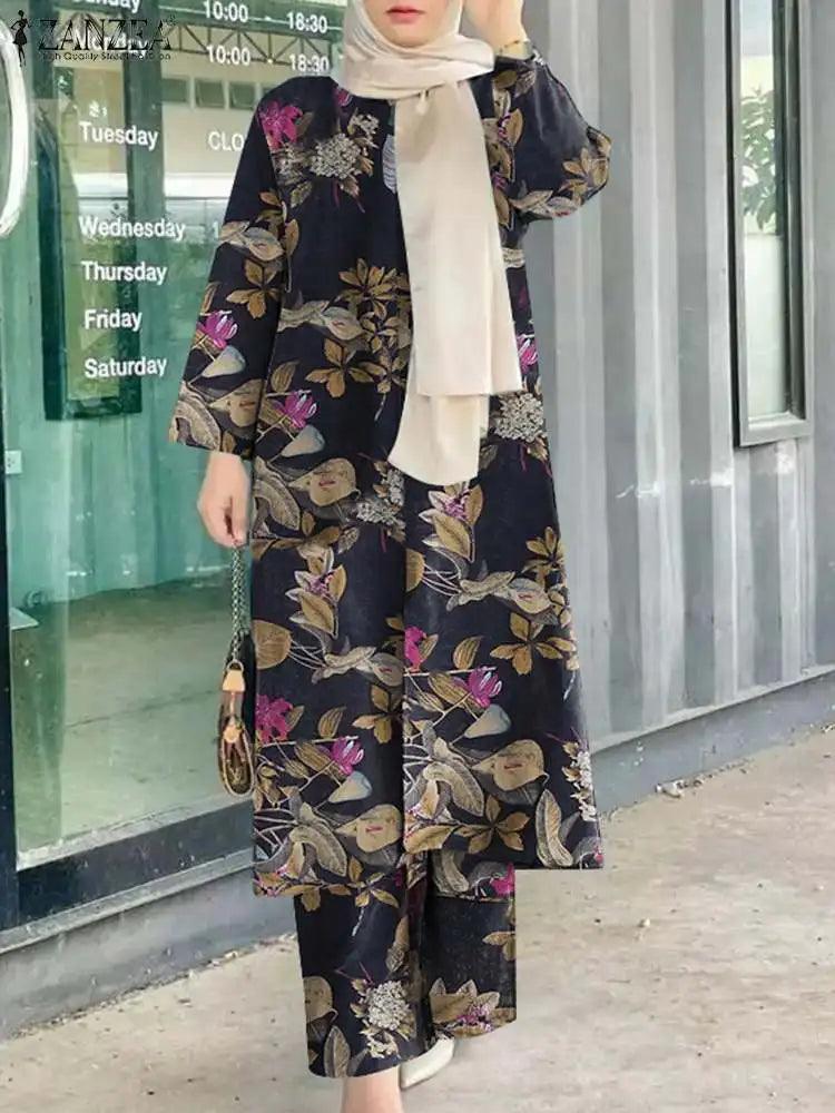 ZANZEA 2PCS Floral Muslim Sets Boehmain Female Blouse Wide Leg Pant Sets Turkey Abaya Loose Matching Sets IsIamic Tracksuits - Aurex