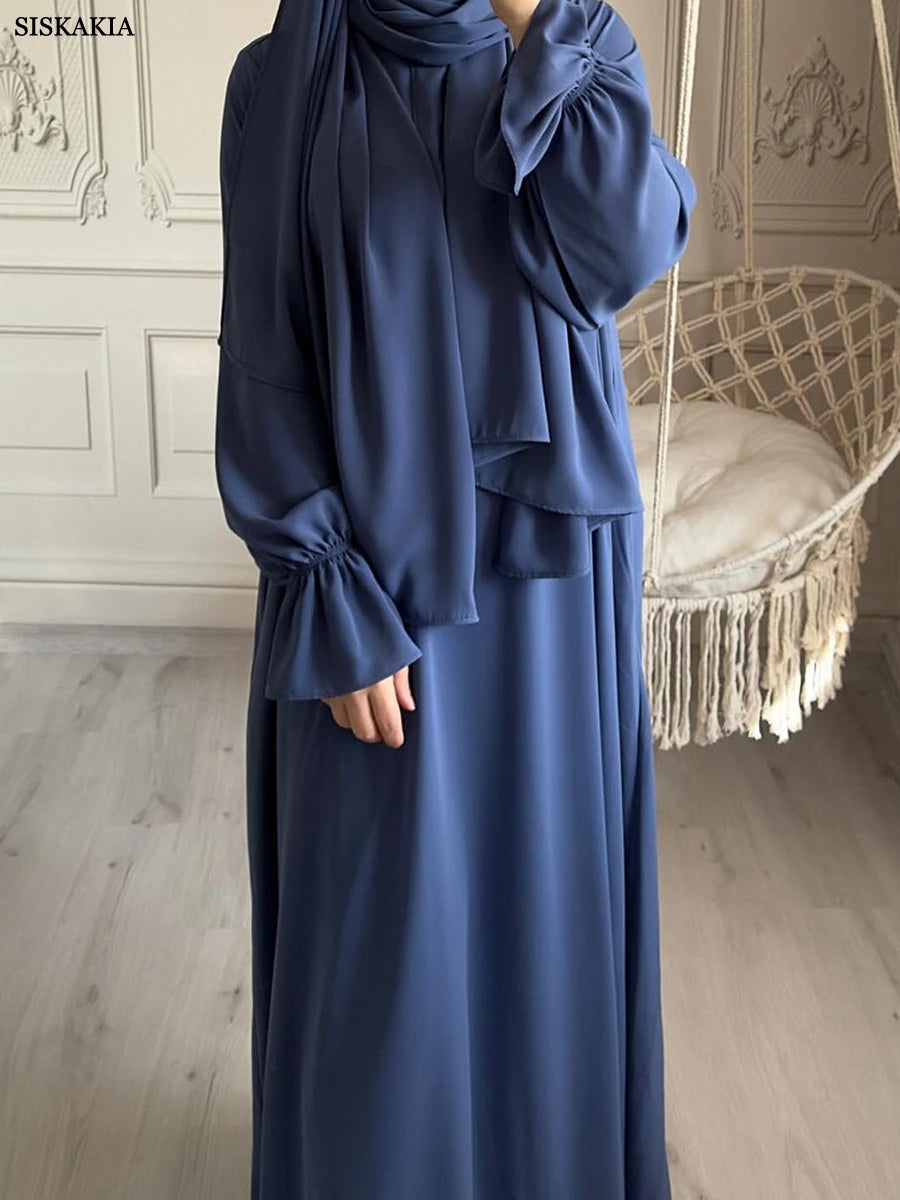 Siskakia Solid Modest Abaya Muslim Woman Dubai Dresses With Headscarf Flare Sleeve Casual Clothing Islam Dubai Prayer Robe