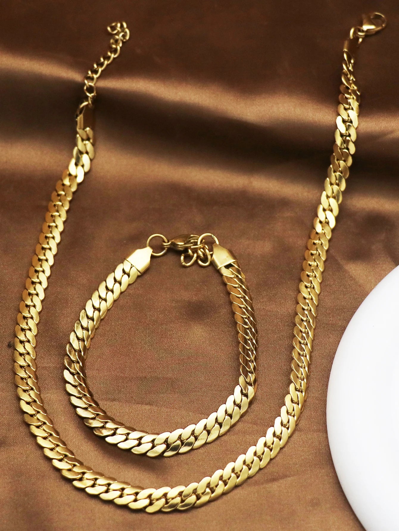 1Set/2pcs 8mm Width Stainless Steel Gold Color Geometric Chain Necklace Bracelets For Women Girl New Fashion  Jewelry Set