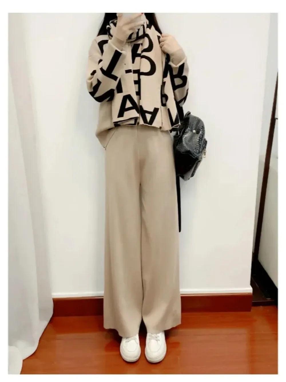 Women Knitting Three Piece Set Letter Print Pullover Sweater Scarf Wide Leg Pants Suit Morocco Ensemble Muslim Knit Tracksuit - Aurex