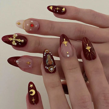 2025 New Ramadan Style False Nails with Gold Moon Star Design Almond Red French Fake Nail Patch Full Cover Detachable Manicure