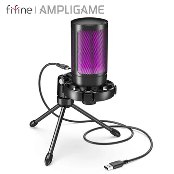 AmpliGame by FIFINE RGB USB Gaming Microphone with Light-touch Mute,Condenser Mic with Tripod for PC,PS4/5,Laptop Streaming-A2