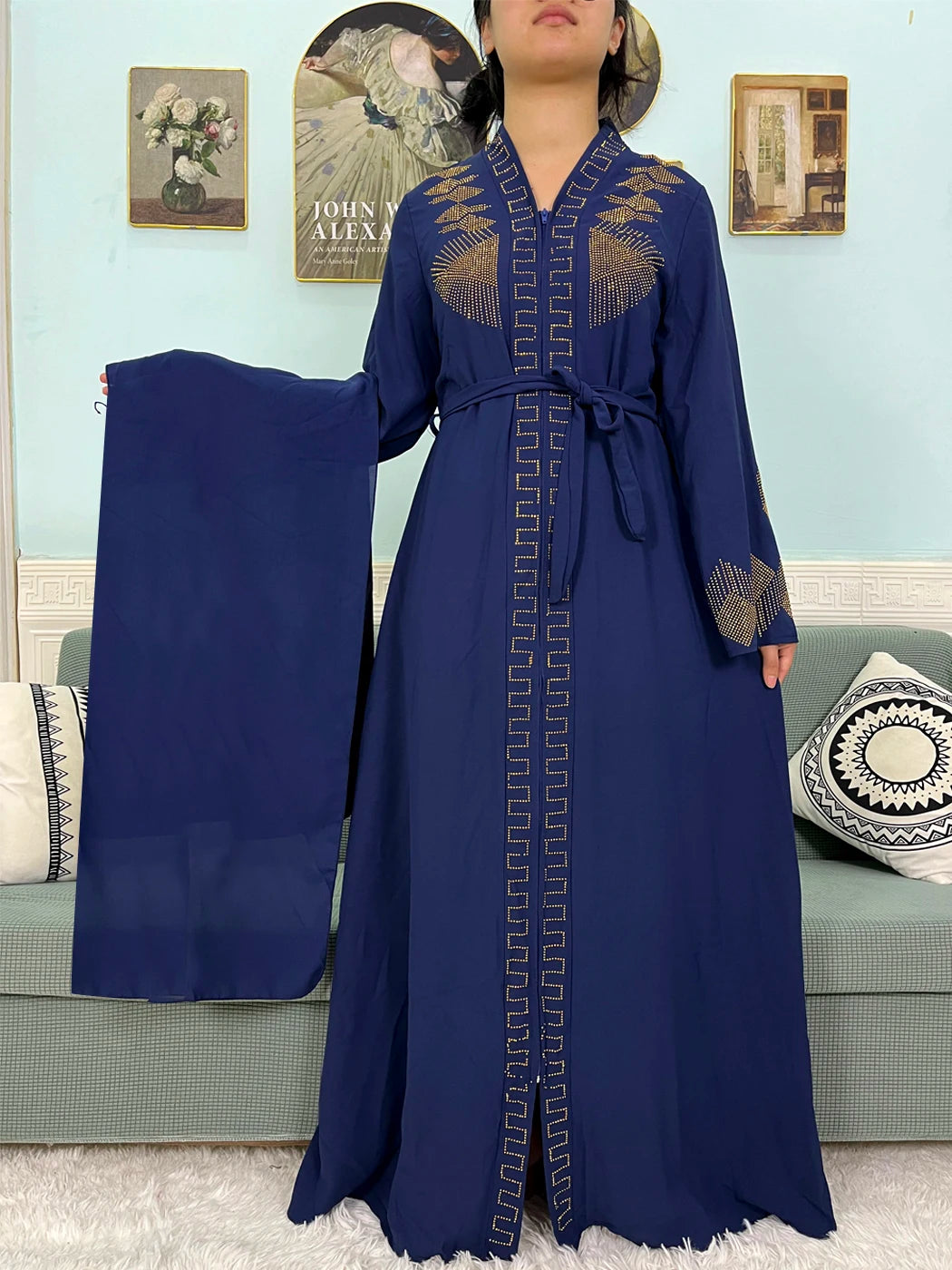 Muslim Chiffon Abayas For Women 2024 Dubai Islam Loose Fit  Femme Robe Long Sleeved Diamond Studded Solid Color With Belt Turban