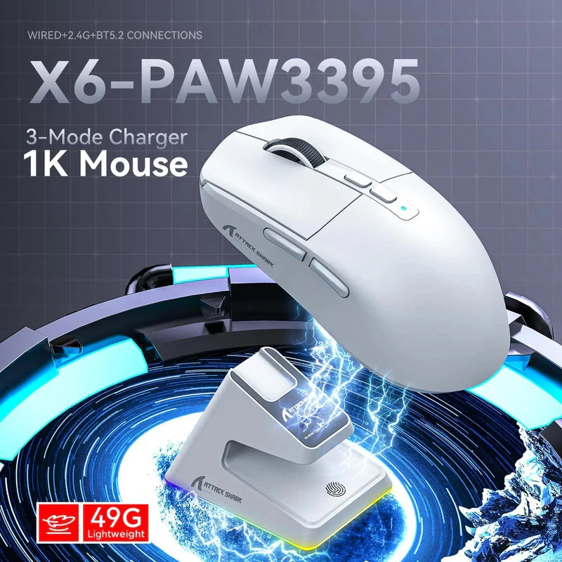 New Attack Shark X6 PAW3395 Bluetooth Mouse,Tri-Mode Connection,RGB Touch Magnetic Charging Base,Macro Gaming Mouse