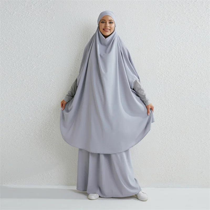 Muslim Sets Two Pieces Prayer Clothing Long Hooded Smocking Sleeve Shirts Hijab Loose Maxi Skirts Elastic Waist Women Abaya Sets - Aurex