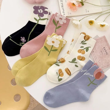 5 Pairs Flower Socks For Women Korean Cotton Cute Socks Style Middle Tube For Girl Breathable Casual Sweet Female Floral Socks