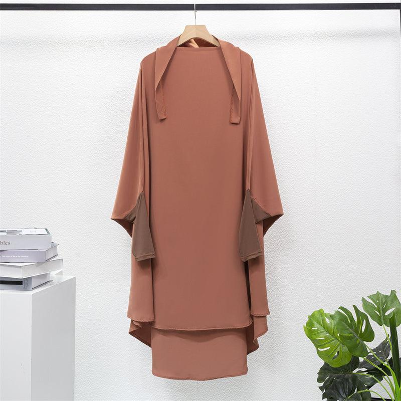 Muslim Sets Two Pieces Prayer Clothing Long Hooded Smocking Sleeve Shirts Hijab Loose Maxi Skirts Elastic Waist Women Abaya Sets - Aurex