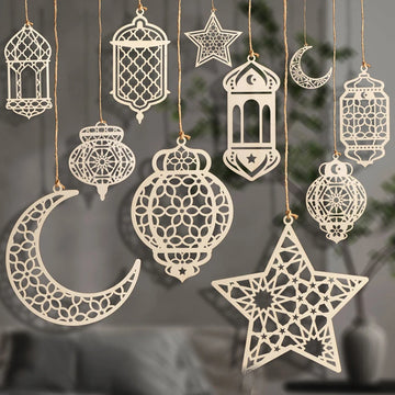 3pcs Eid Mubarak Wooden Hanging Ornaments Hollowed Moon Star Pendant for Ramadan Kareem Decoration Islamic Muslin Party Supplies