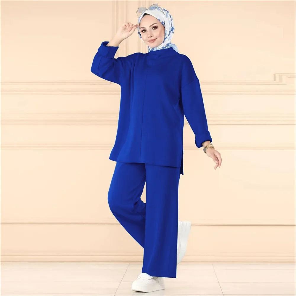 Elegant Casual Autumn Winter Knitted 2 Piece Set Womens Outfits Matching Muslim Set Wide Leg Pants Suit Tracksuit Ramadan Arabic - Aurex