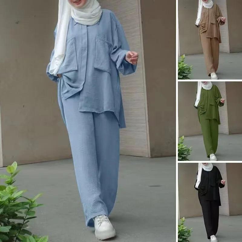 Muslim Wide Leg Trousers Suits for Women, Solid Long Tops and Pant Sets, Islamic Fashion, Urban Tracksuit, Two Piece Sets - Aurex