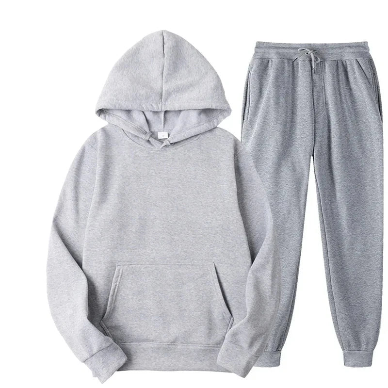 New Men Women Tracksuit Hoodies Casual Solid Color Thick Pullover and Long Pant 2-piece Set Men Autumn Fleece Jogger Sports Suit - Aurex