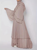 Solid Color Tie Waist Modest Dress, Elegant Layered Hem Maxi Length Dress With Hijab, Women's Clothing - Aurex