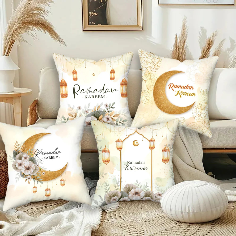 4-Pack Eid Mubarak & Ramadan Cushion Cover, Moon, Lamp Pattern Pillow Cover Square Polyester Pillowcase 45X45cm One Side