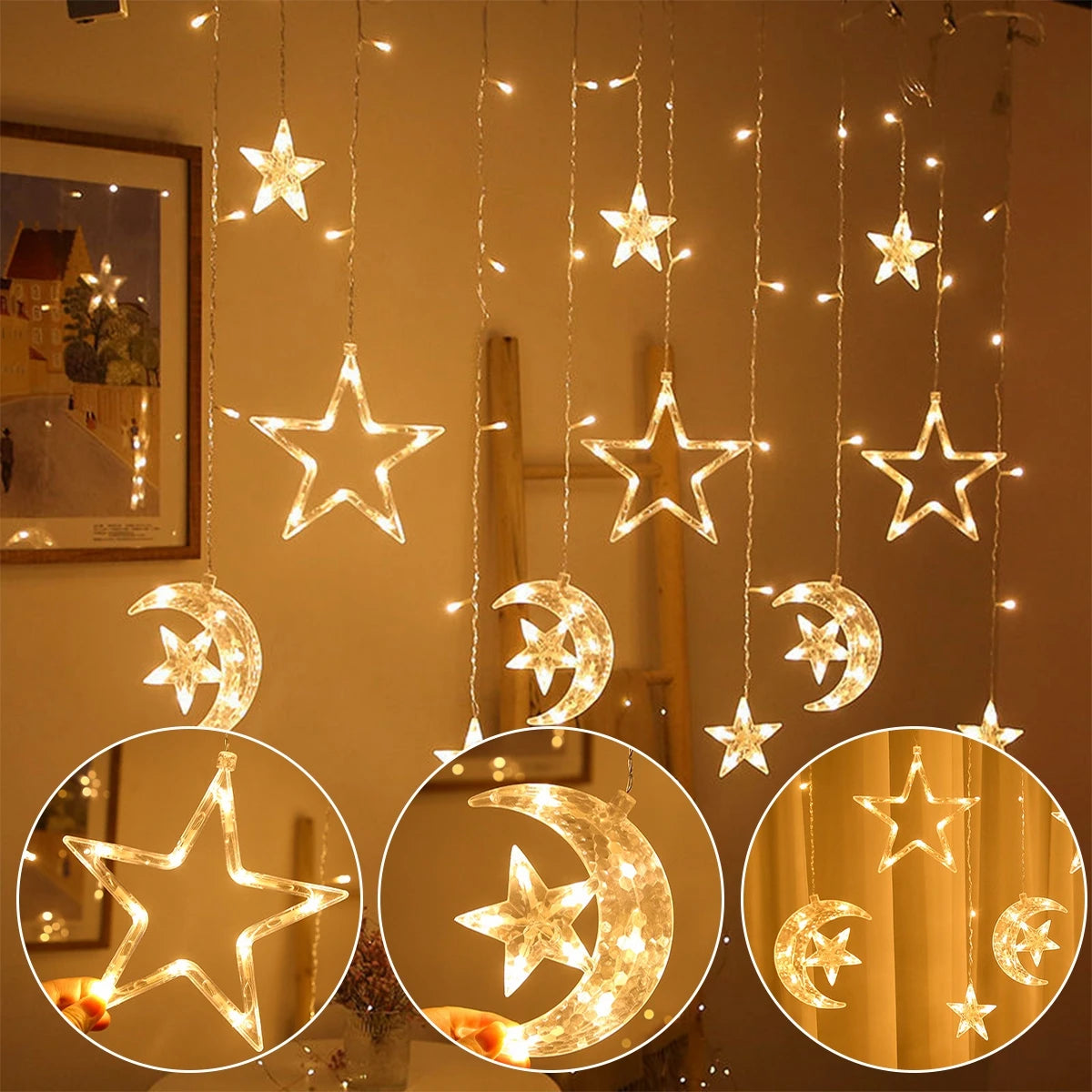 Moon Star Led Curtain Garland String Light EID Mubarak Ramadan Decoration 2025 Islamic Muslim Party Decor Mubarak Ramadan Kareem