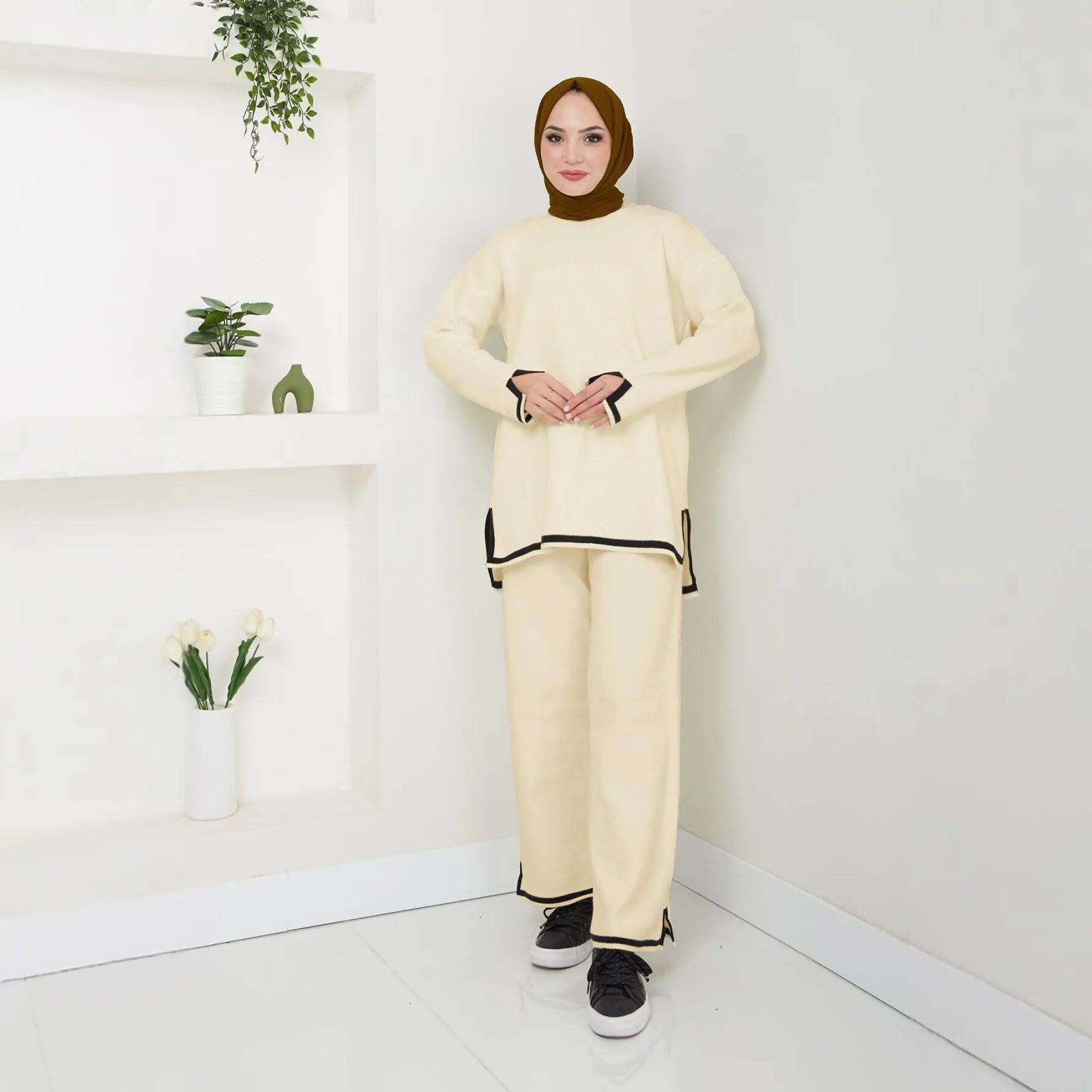 2Pcs Ramadan Eid Abaya Women Muslim Knitted Sweater Tops Pants Set Turkey Arab Islamic Clothing Dubai Modest Kaftan Outfits Suit - Aurex