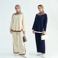 Ramadan Knitted Sweater Plain 2 Piece Abaya Set Tops Pant Modest Muslim Set For Women Islam Caftan Robe Femme Musulmane Kaftan - Aurex